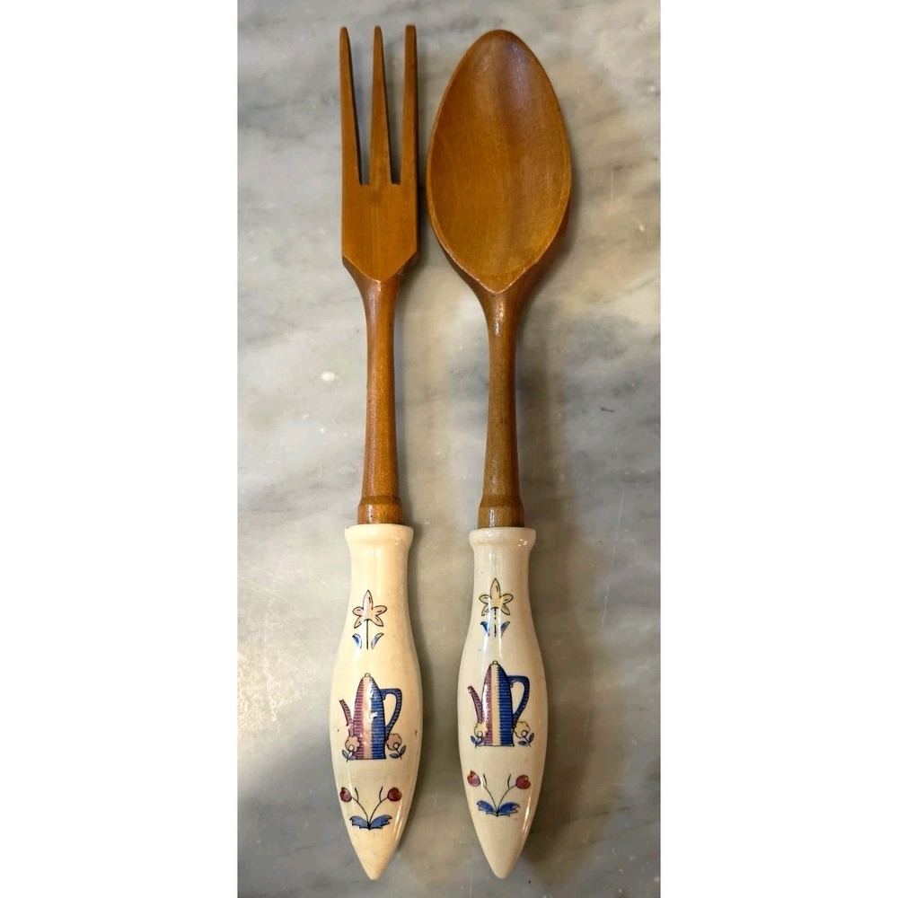 Vintage Wood & Ceramic Floral Handle Serving Spoon & Fork Set 12 in